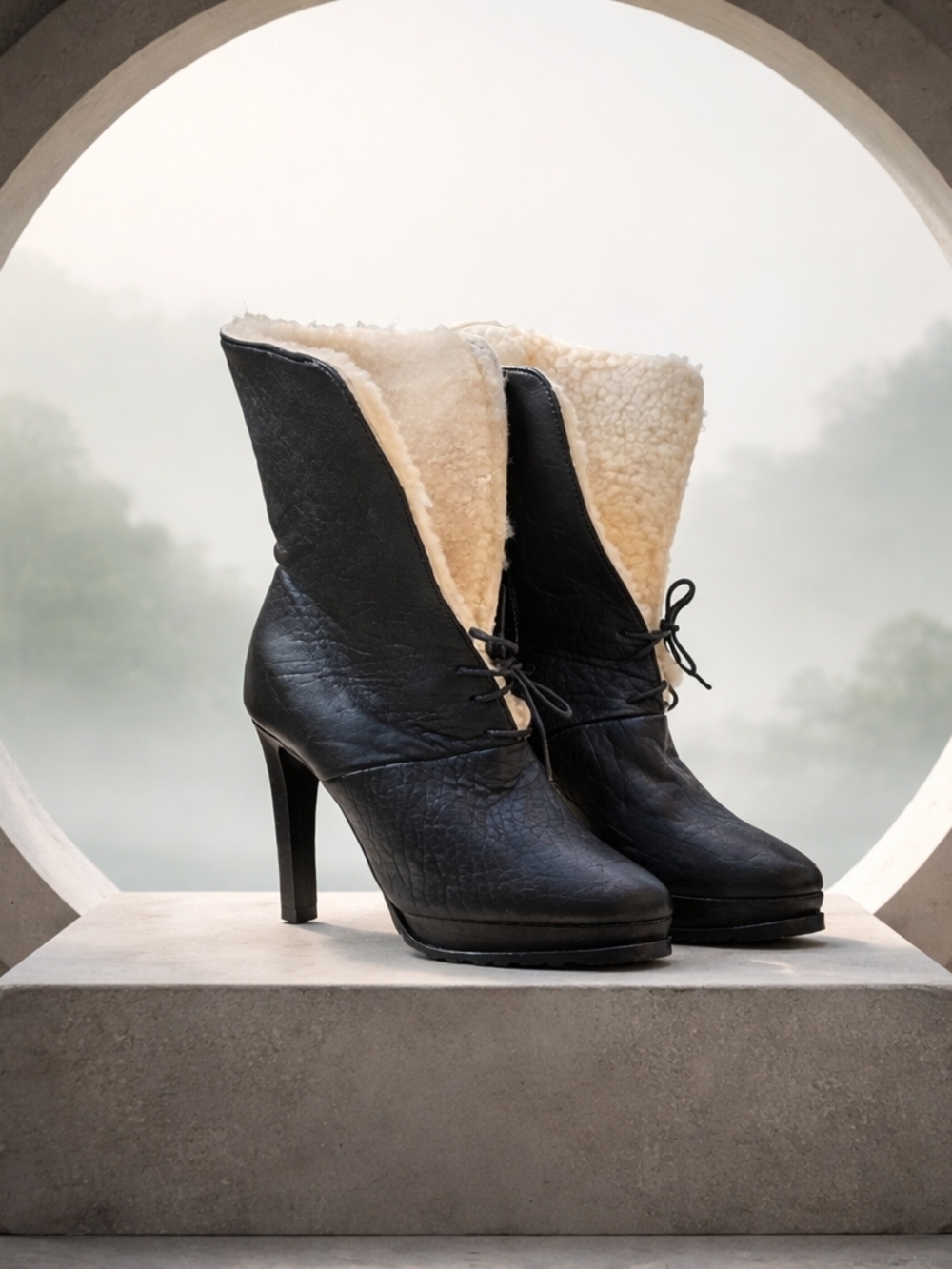 Zara Black Leather-Look Shearling-Lined High Heel Ankle Boots